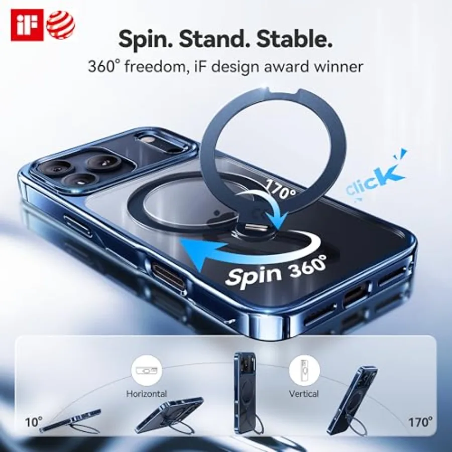 Custodia con supporto magnetico Spin 360 dal design lucido blu intenso per iPhone 17 Pro con compatibilità MagSafe e protezione militare da 17 piedi