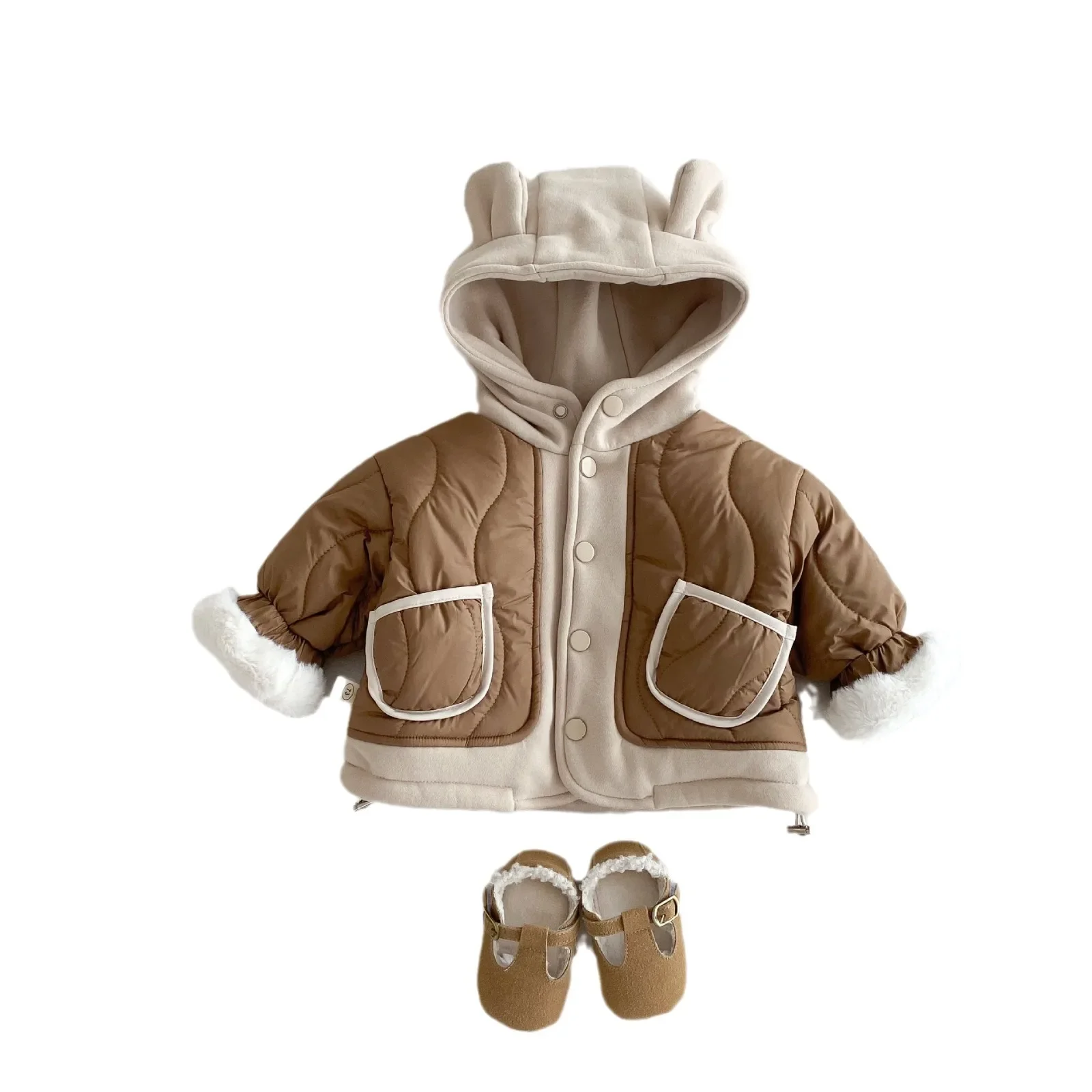 2024 Winter New in Kids Baby Boys Thicken Velvet Warm Patchwork Hooded Top Jacket, Toddler Children Fashion Outwear 3M-5Y