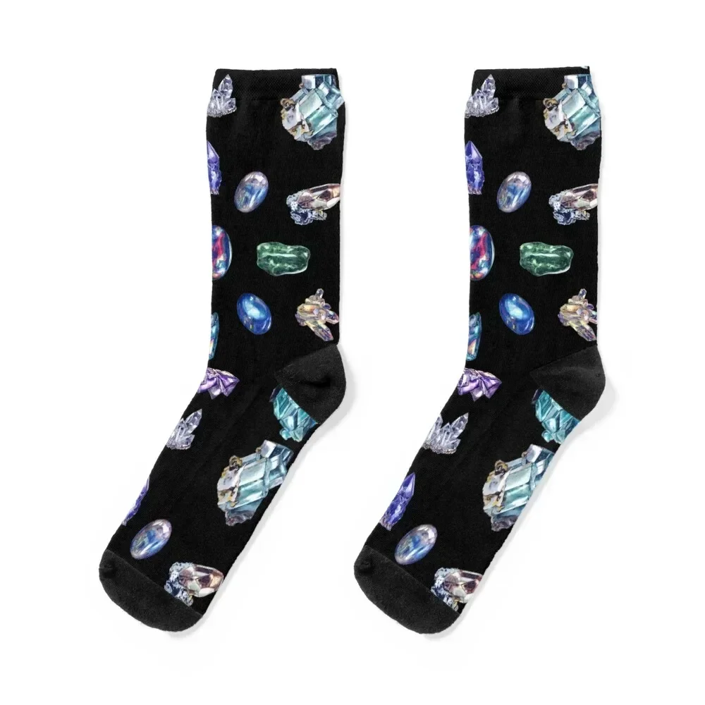 Crystals 2 - Gemstones Watercolor Pastel Black Socks heated football shoes cotton Mens Socks Women's