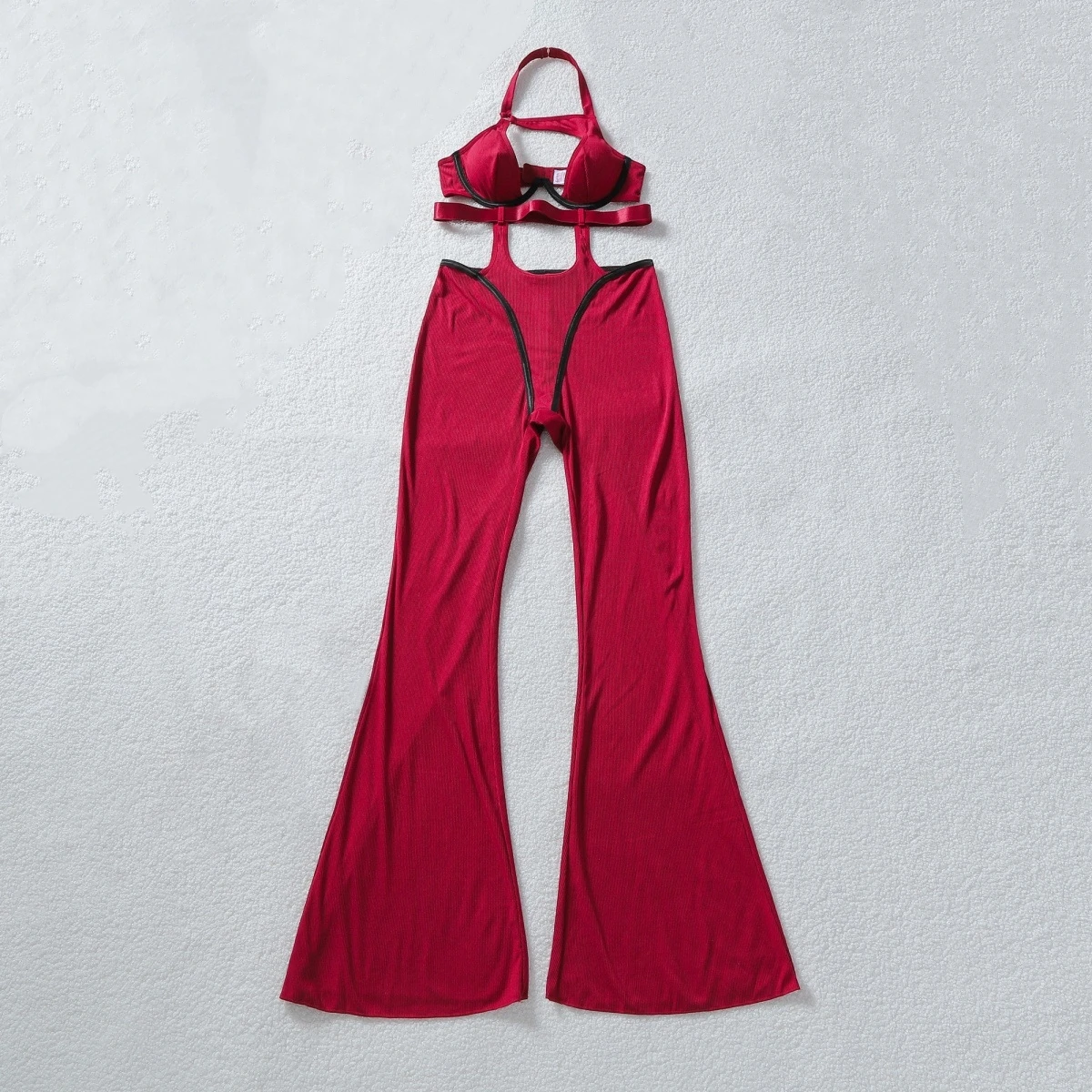2026 Hot Girl Low Cut Hollow Halter Neck Jumpsuit Women Sexy Contrast Color Design Shaping One-piece Female Red Micro Pull Pants
