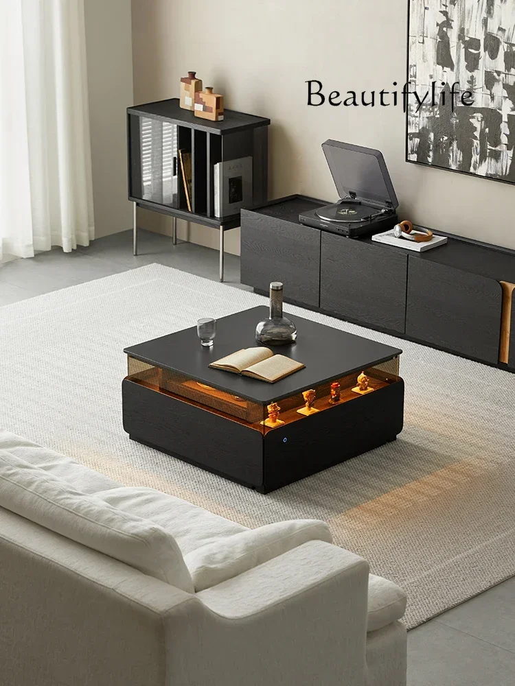 

Black Square Stone Plate Coffee Table Lighting Atmosphere Solid Wood Modern Minimalist Home Tea Table