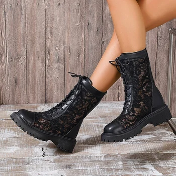 Lucyever Sexy Black Lace Platform Ankle Boots Women Breathable Mesh Short Booties Female Plus Size Back Zipper Motorcycle Boots