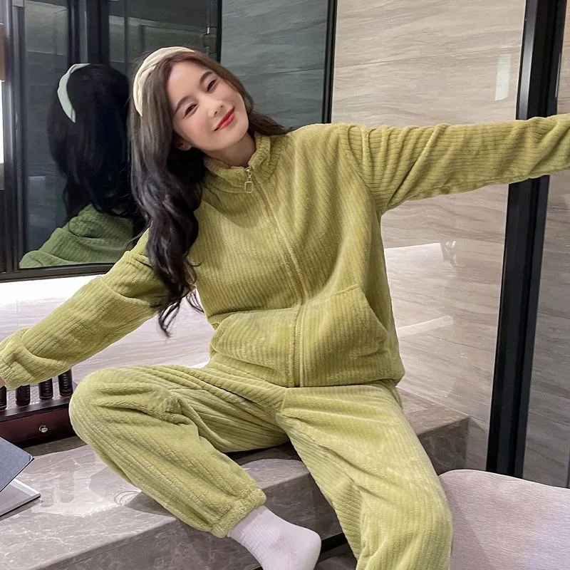 2023 New Coral Velvet Pajamas Autumn Winter Women Loungewear Plushing Thicken Sleepwear Warm Zipper Sports Flannel Homewear Set