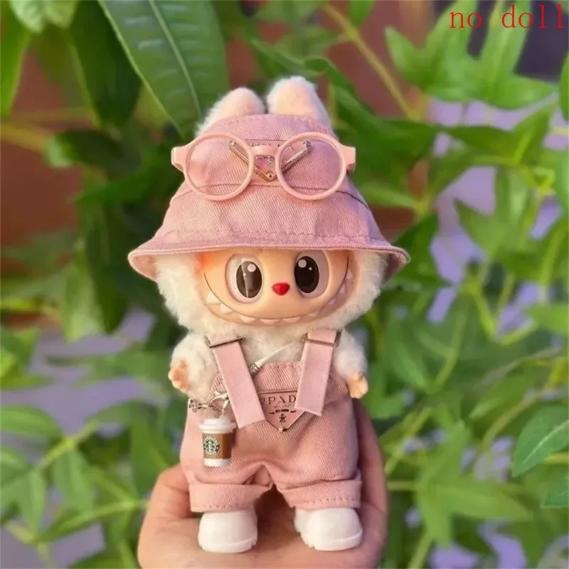 

Only Clothes for Labubu Fashion Trends Classics Pink Black Fisherman Hat Belt Pants Set Labubu Outfits Accessories Without Dolls