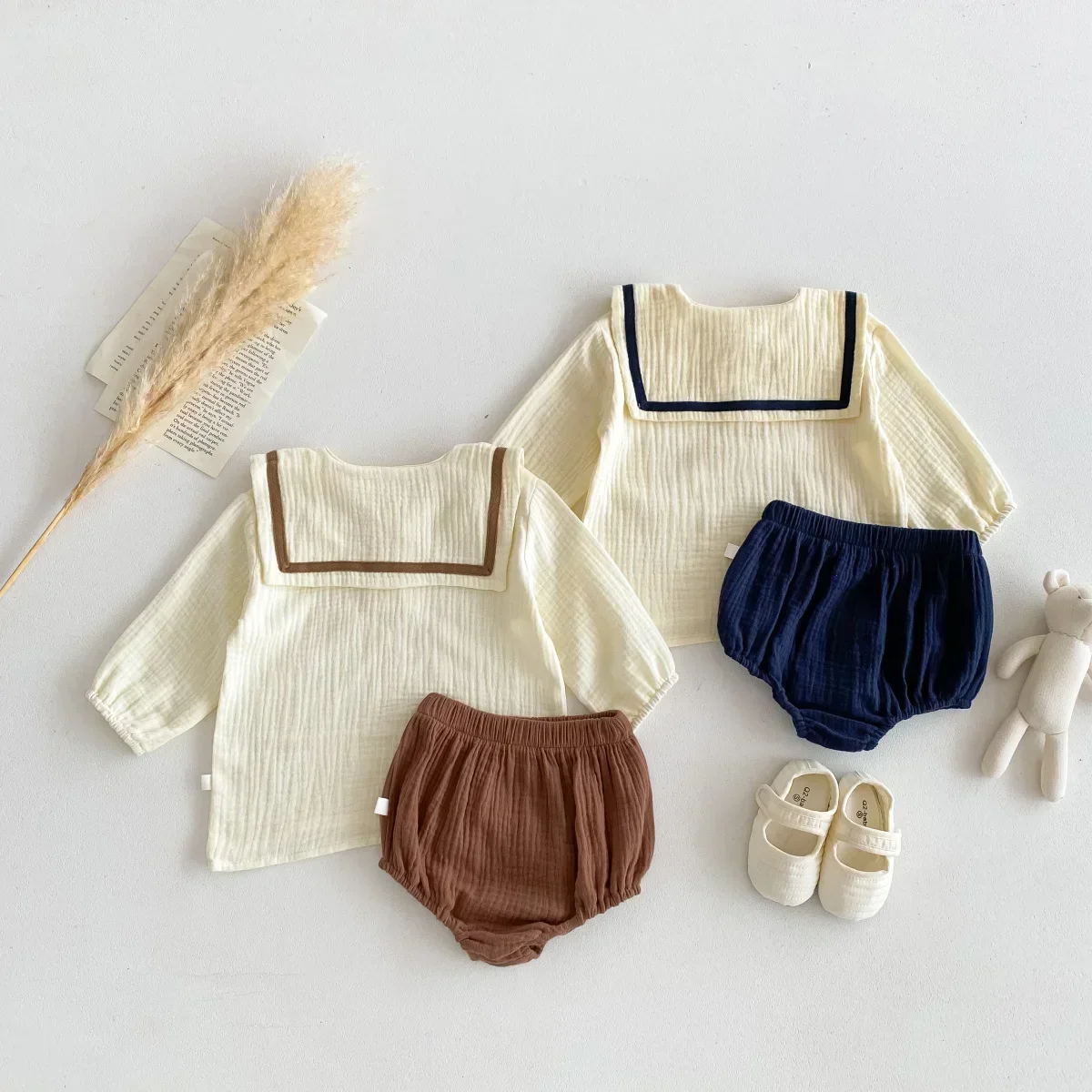 Newborn Baby Girls Boys Autumn Full Sleeve Navy Collar Top Tees Solid Bread Bottoms Infant Kids Pure Cotton Clothing Set 2pcs