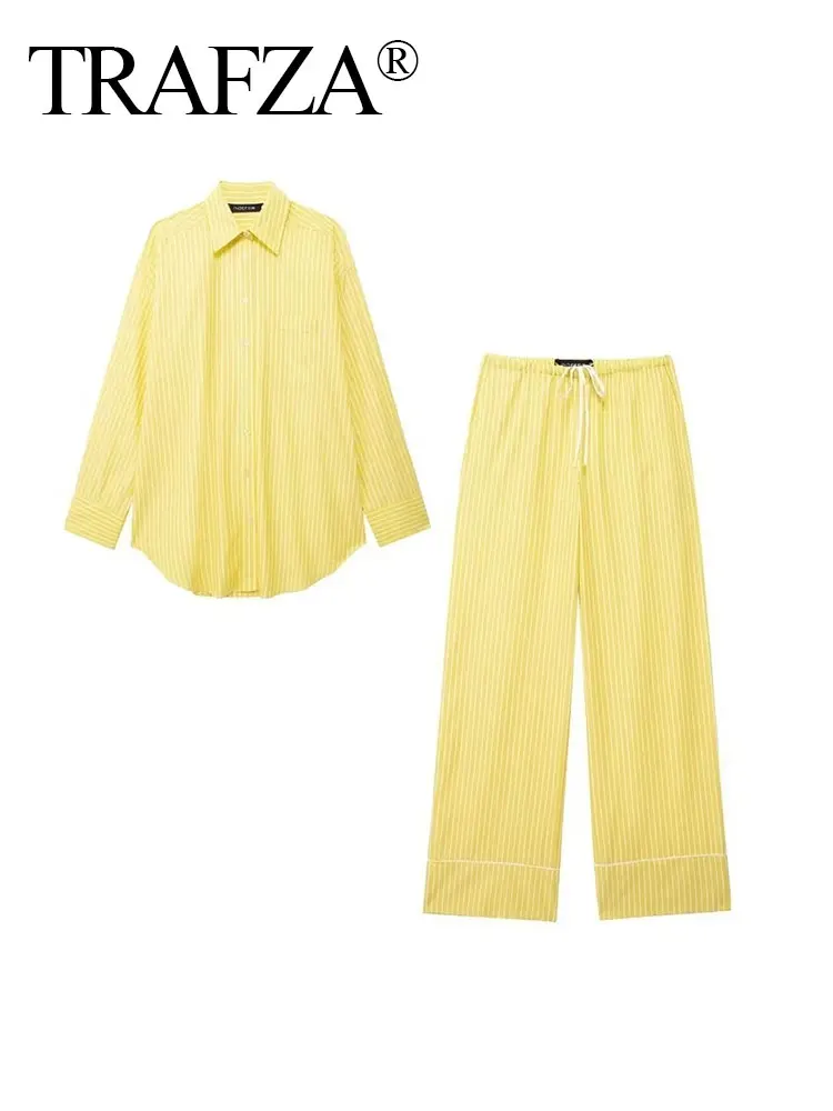 TRAFZA Summer Fashion Yellow Striped 2 Piece Pants Set Long Sleeves Lapel Blouse+Drawstring Straight Pants Female Causal Suit