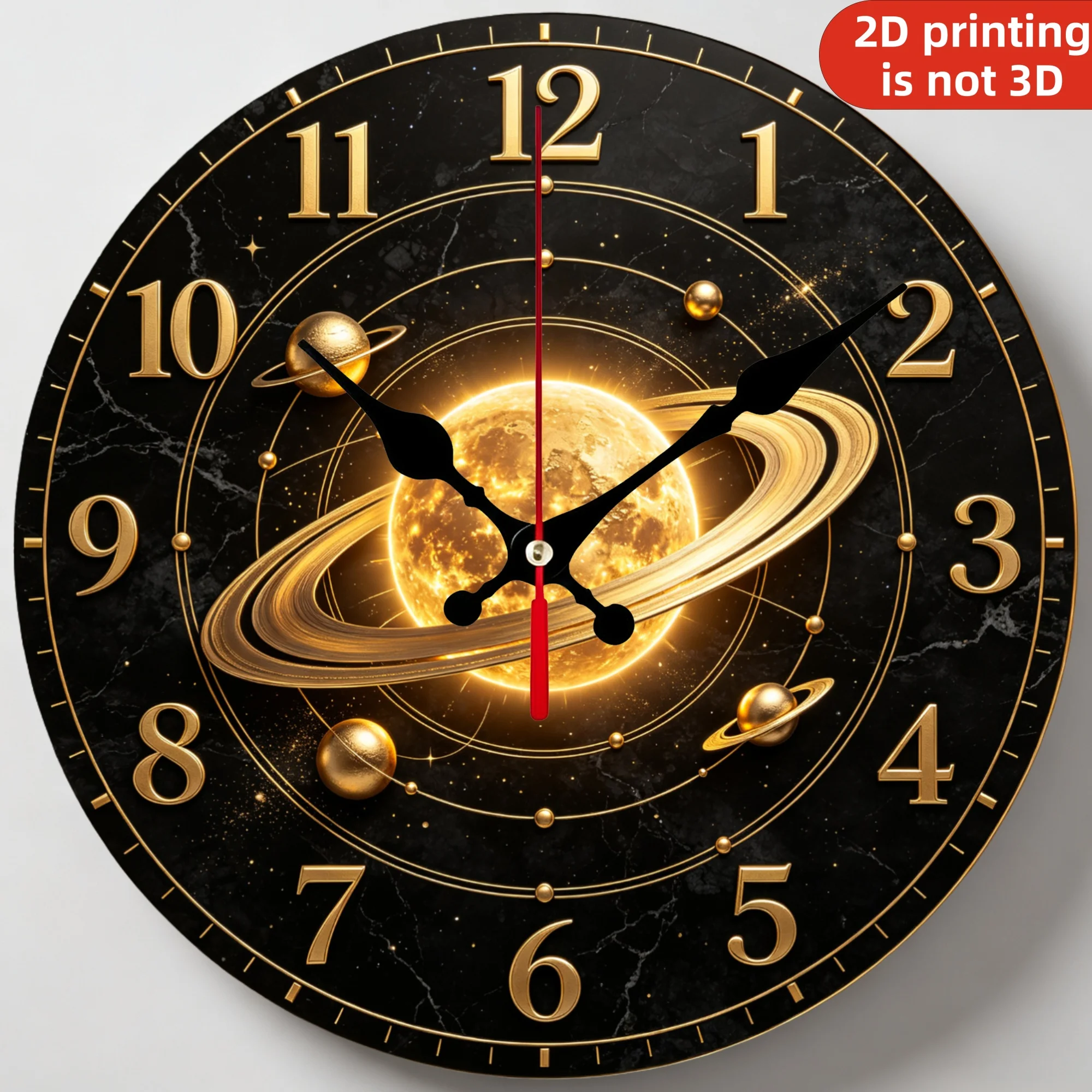 Golden Saturn Planet Space Wooden Wall Clock, 10/12 Inch Round Wood Clock, Silent Non Ticking Quartz Movement, Black Marble Orbit Galaxy Printed Home Decor