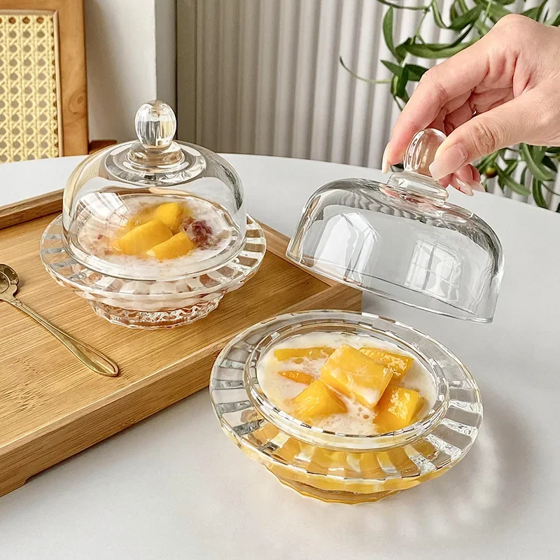 

Glass dessert bowl with lid transparent bird's nest bowl household fruit snack sugar water cup autumn pear tremella exquisite