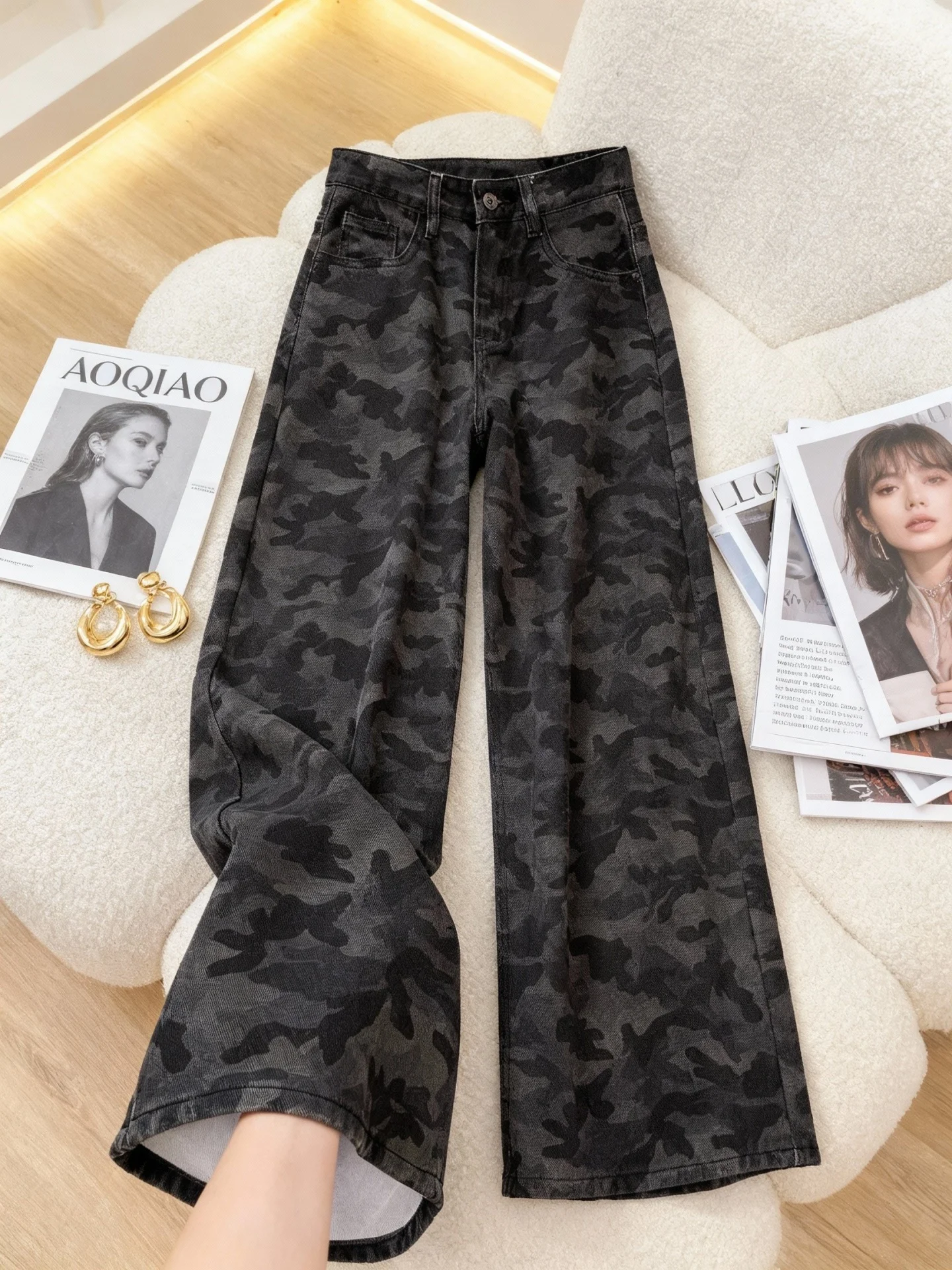 

Большие размеры, американские камуфляжные джинсовые брюки на подкладке, женские свободные прямые брюки с высокой талией, рабочая одежда, широкие брюки