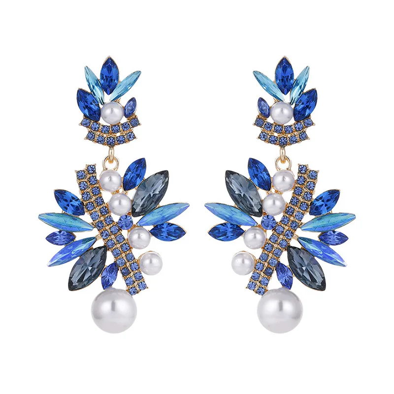 Creative geometric large color rhinestone pearl earrings women's fashion versatile catwalk temperament stud earrings