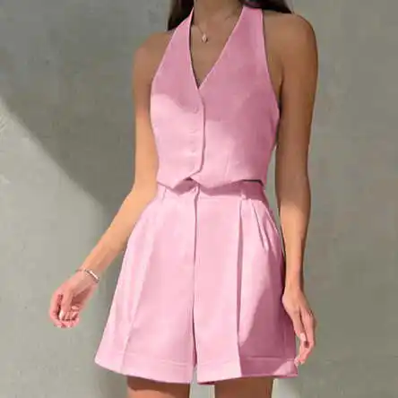 브이넥 탱크탑 세트 여성용 패셔너블한 여름 의상 버튼 클로저 폴리에스터 원단 바지