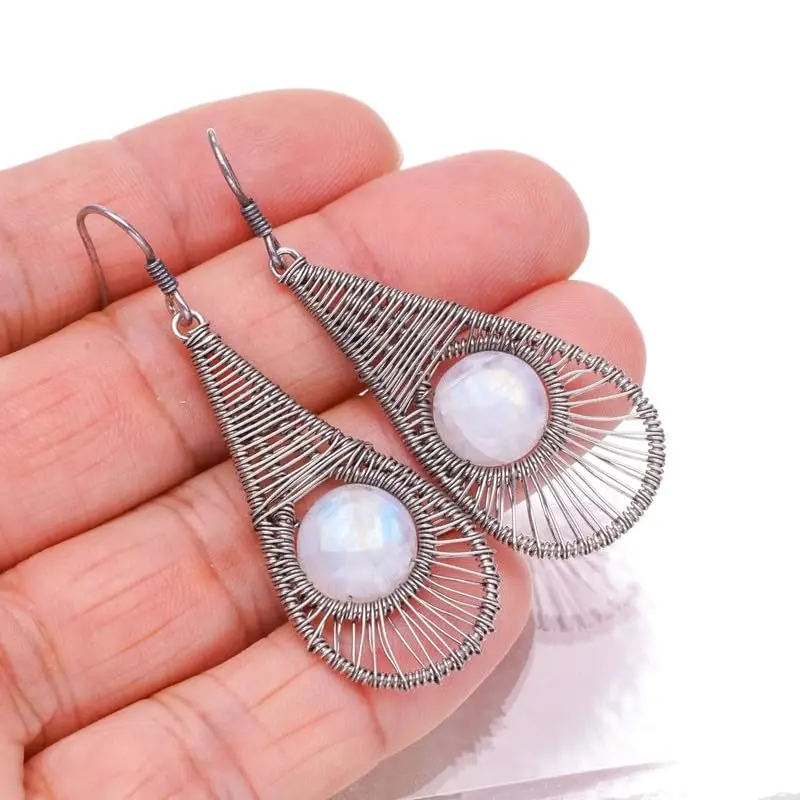 StarGems Natural Rainbow Moonstone Handmade 925 Sterling Silver Earrings 2 1/4