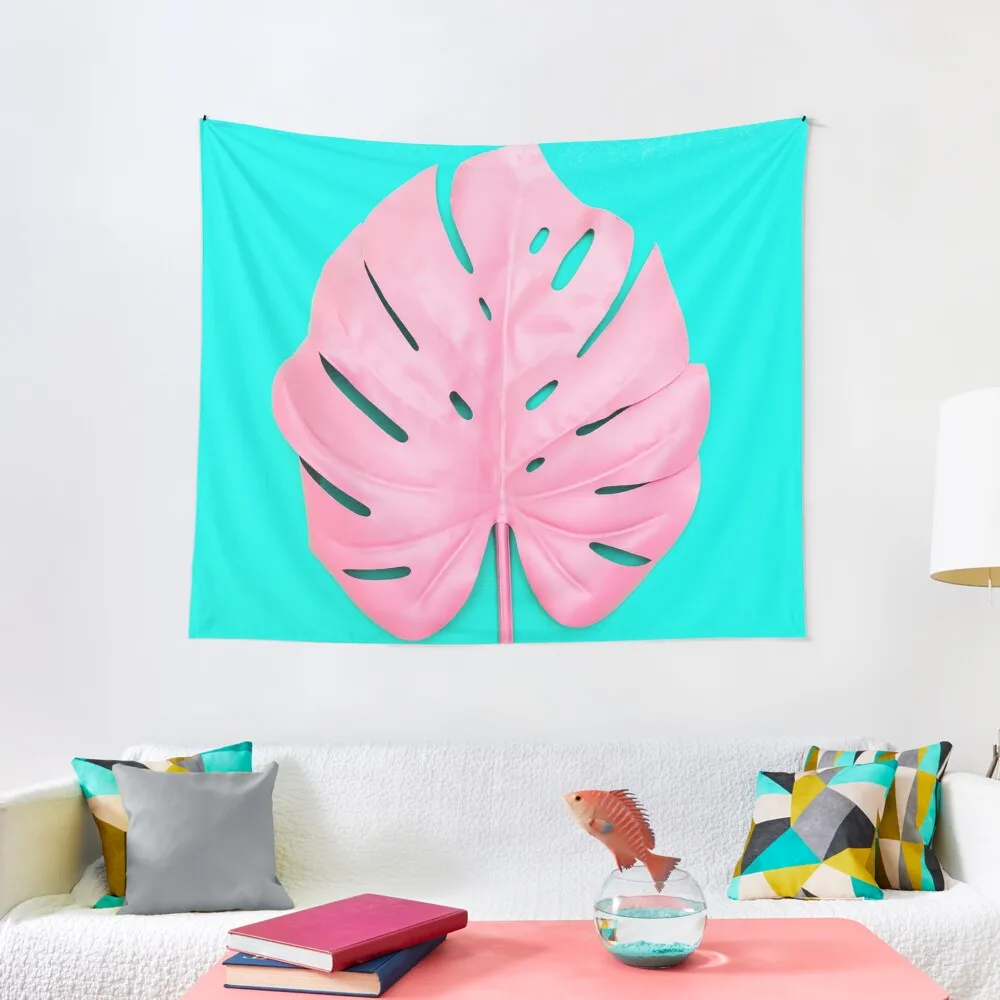 

Bright pink monstera leaf on turquoise background, Bright pastel pink and turquoise Tapestry Japanese Room Decor Tapestry