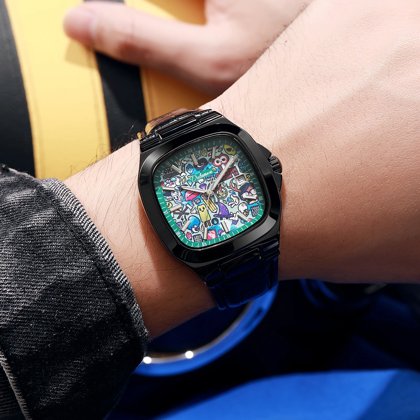 Dulunwe 2026 New Graffiti Design Men's Mechanical Automatic Wrist Watch for Men Fashion Youth Leather Men's Watch
