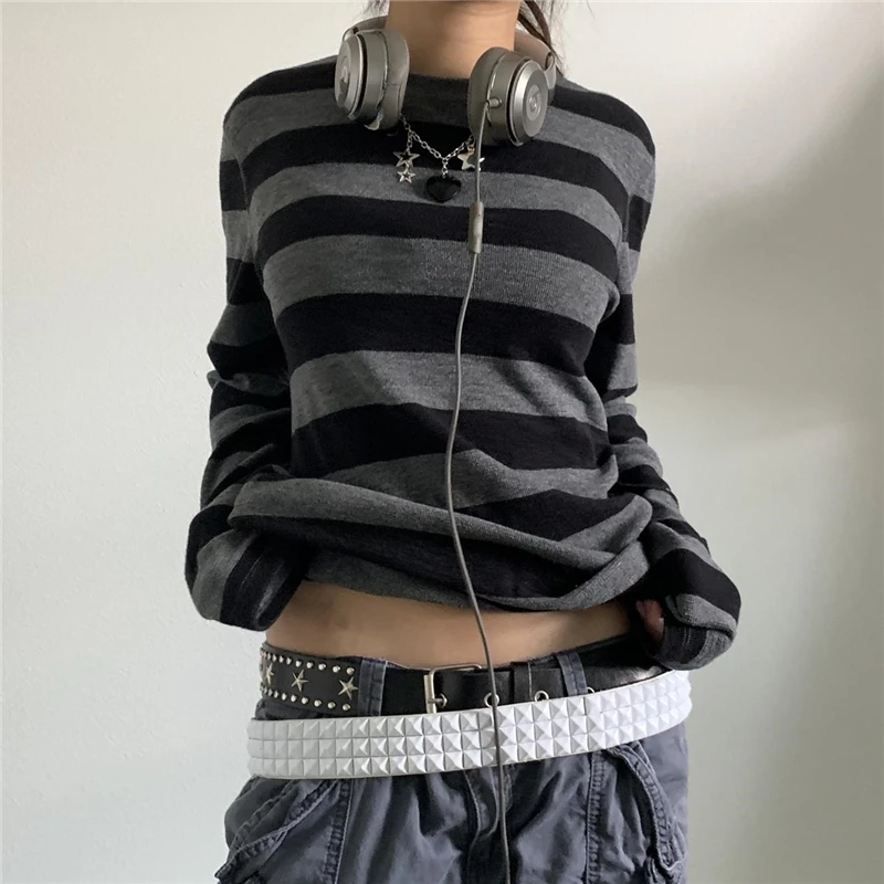 Lamuusaa Gothic T Shirt y2k Aesthetic Women Striped Round Neck Long Sleeve Tops E Girl Punk Dark Academia Clothes Streetwear