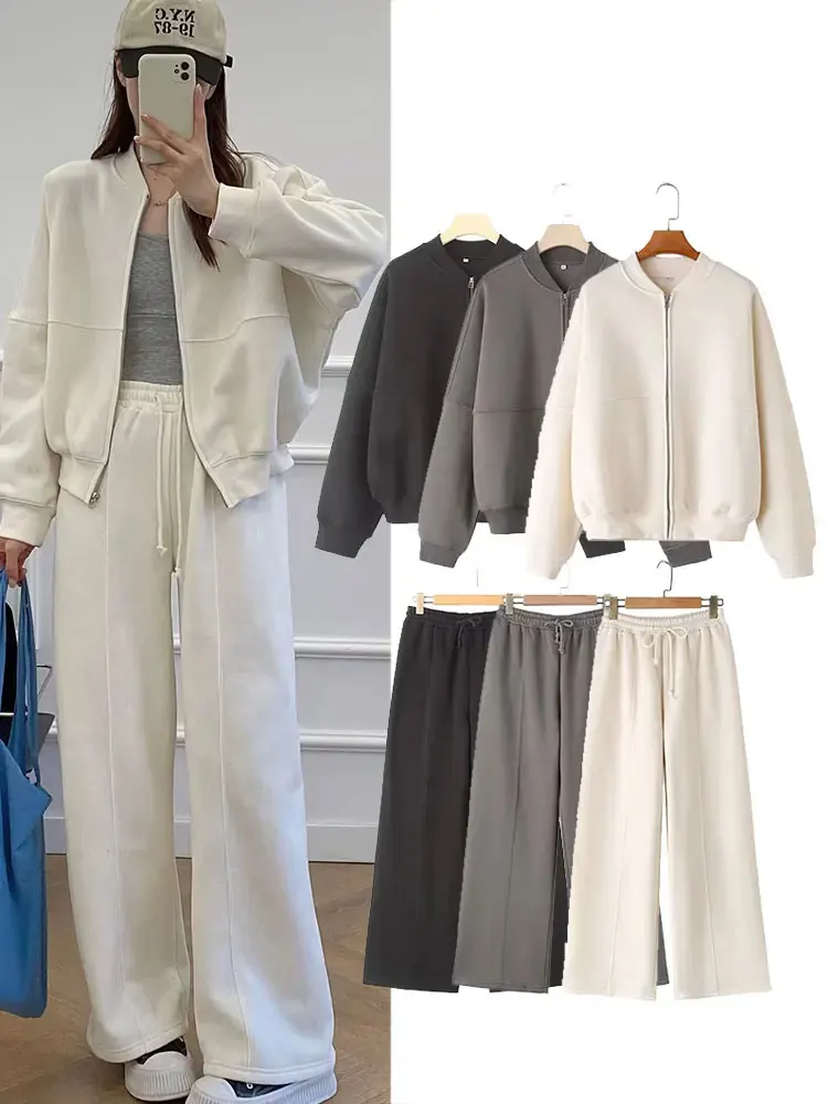 HH Women's Fall 2-Piece Retro Solid Color Zip Bomber Jacket Sweatshirt+High Waist Lace Up Women's Wide Leg Pants Street Wear