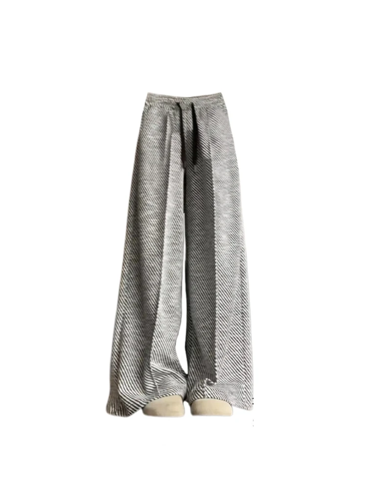 Women Grey Baggy Striped Pants Harajuku Streetwear 90s Fashion Y2k High Waist Pants Vintage Wide Trousers Oversize Clothes 2024