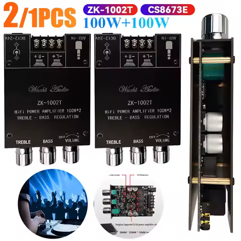 ZK-1002T CS8673E Bluetooth 5.0 HIFI 2.0 Channel Power Audio Stereo Amplifier Board 2*100W Module TREBLE Bass Note Tuning AMP