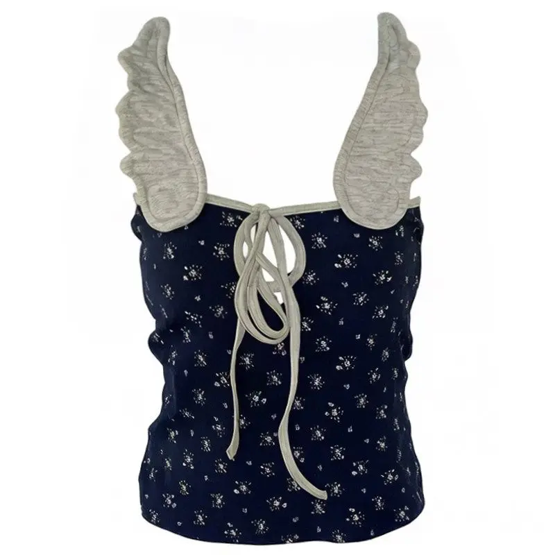 

Y2K Clothes 2000s Streetwear Cut Tank Top Floral Wing-Print Strappy Halter Tank Top for Women Sweet Slim Outerwear T-shirt Sexy