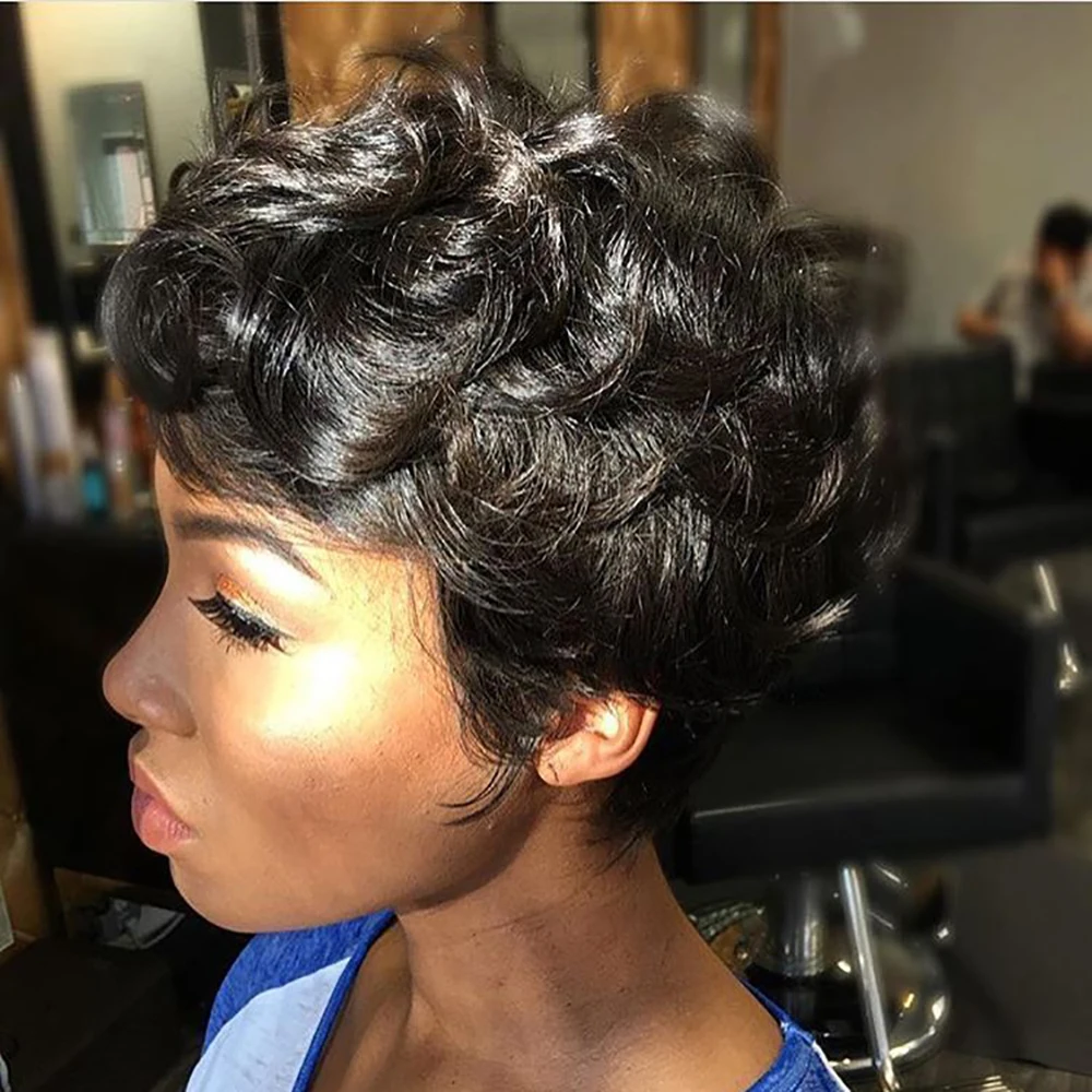 Короткие прямые яичные вьющиеся человеческие волосы Парики Пикси Боб Стрижка Бразильские волосы Машинное производство для женщин Предварительно выщипанные волосы Готовые к ношению