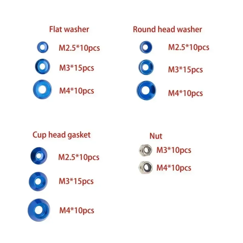 ชุดตกแต่งสกรูพร้อมแหวนรองอะลูมิเนียมอัลลอยด์แบบหัวจม M2.5 M3 M4 สำหรับรถ RC ทุกรุ่นขนาด 1/10 1/8