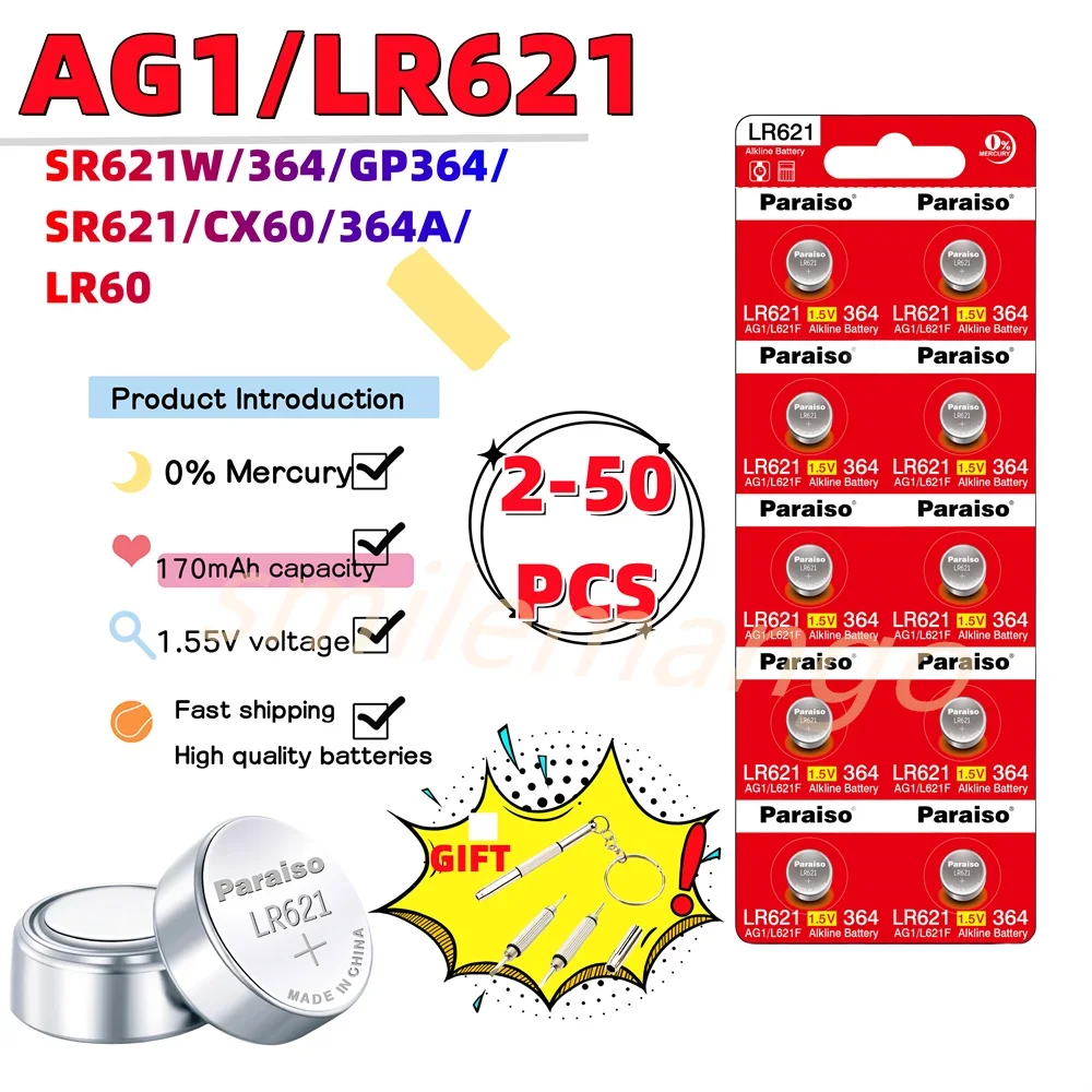 

NEW High-Capacity 2-50PCS 1.55V AG1 LR621 364 164 531 SR621 SR621SW SR60 Button Battery For Watch Toys Remote Cell Coin Batterie