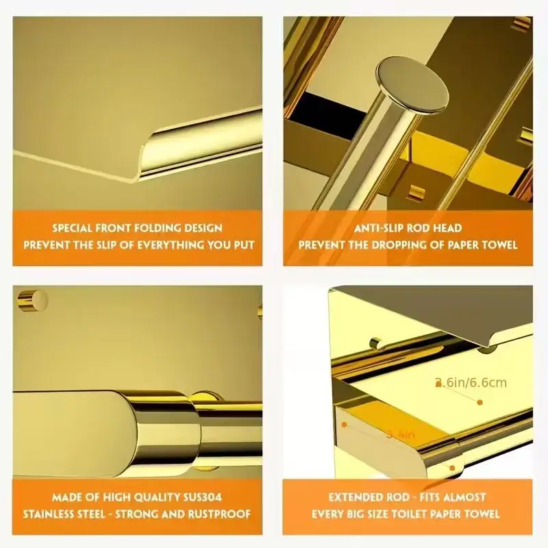 Luxurious Golden Toilet Paper Holder with Phone Shelf - 304 Stainless Steel, Polished Self-Adhesive Wall Mount, No-Drill Install view 6