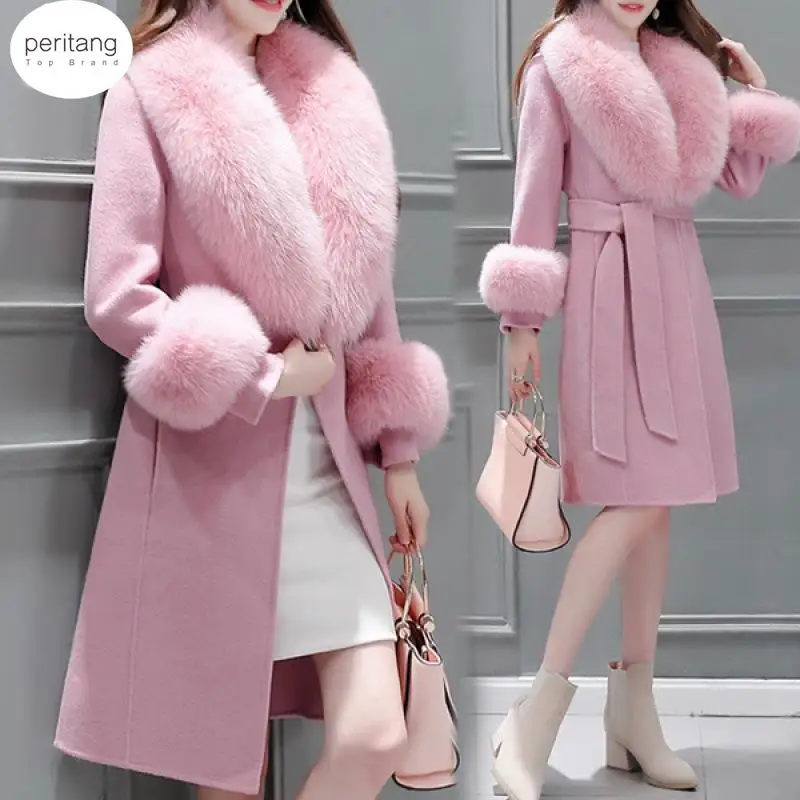 

PERITANG X-Long Natural Sheep Real Fur Coat Autumn Winter Jacket Women Double Breasted Belt Wool Blends Overcoat Streetwear