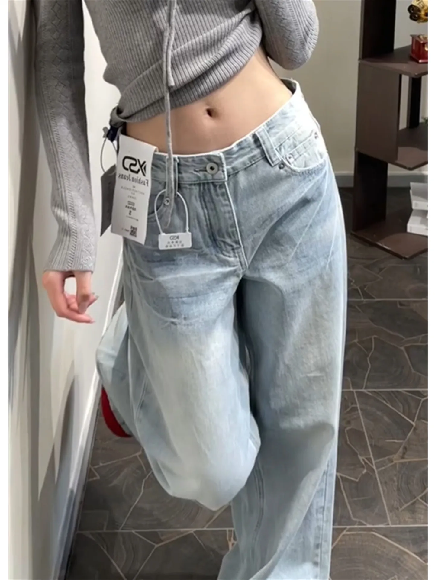 

American Retro Light Blue Wide Leg Jeans Women Summer Loose Slim Tall Extended Straight Tube Pants Cotton Natural Waist