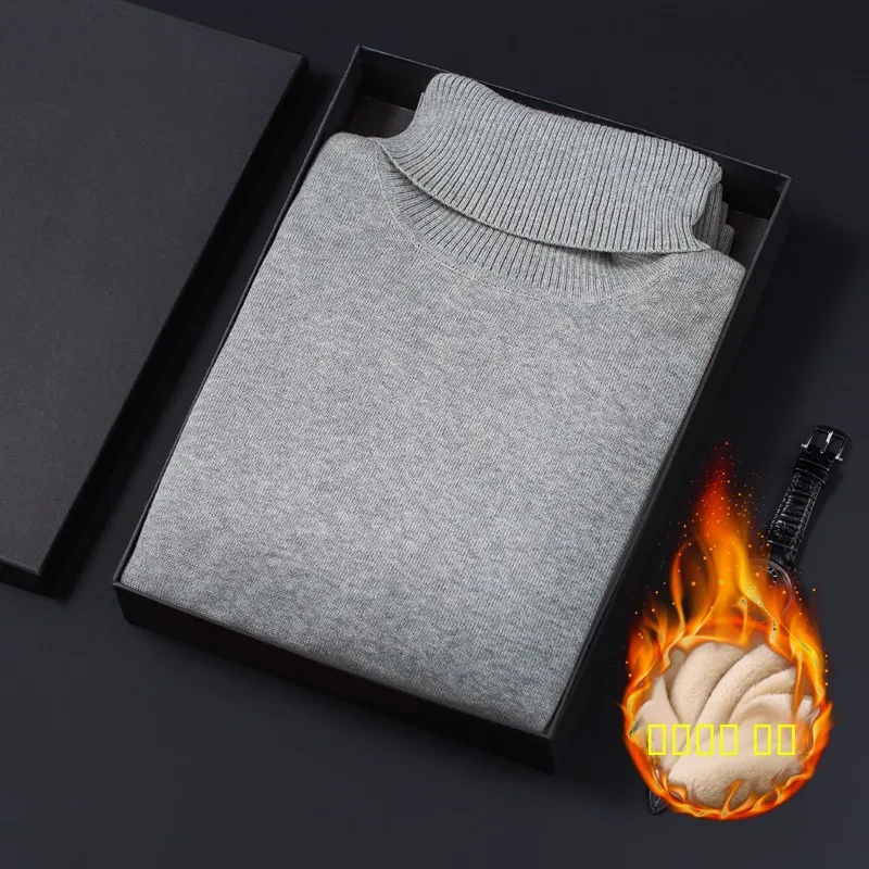 

Мужской утепленный вязаный свитер с высоким воротником из чистого хлопка, на флисовой подкладке, приталенный, с длинными рукавами, зимний базовый свитер, повседневная одежда