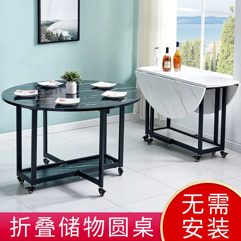 Folding large round table dining table household small apartment movable dining table space saving storage