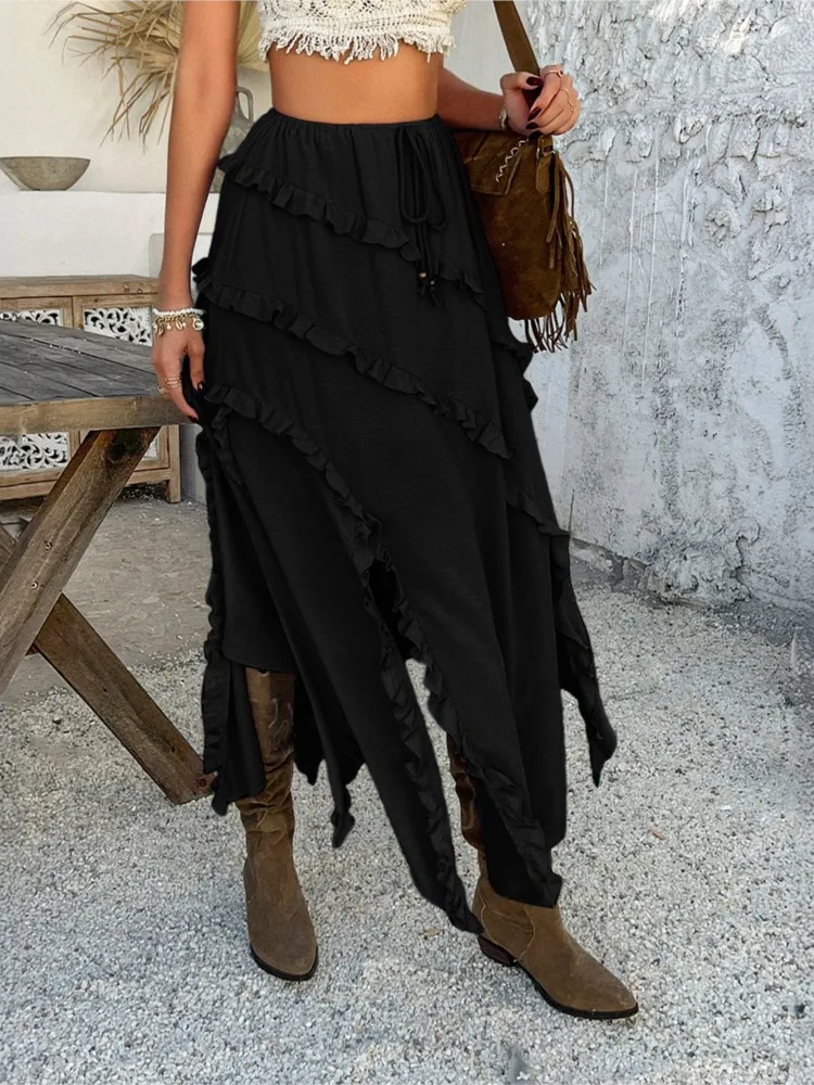 Sommer Bequemer lässiger vielseitiger Rock Urlaubsstil Damen Einfacher einfarbiger mittellanger Rock mit Spitze und geteilter Taille