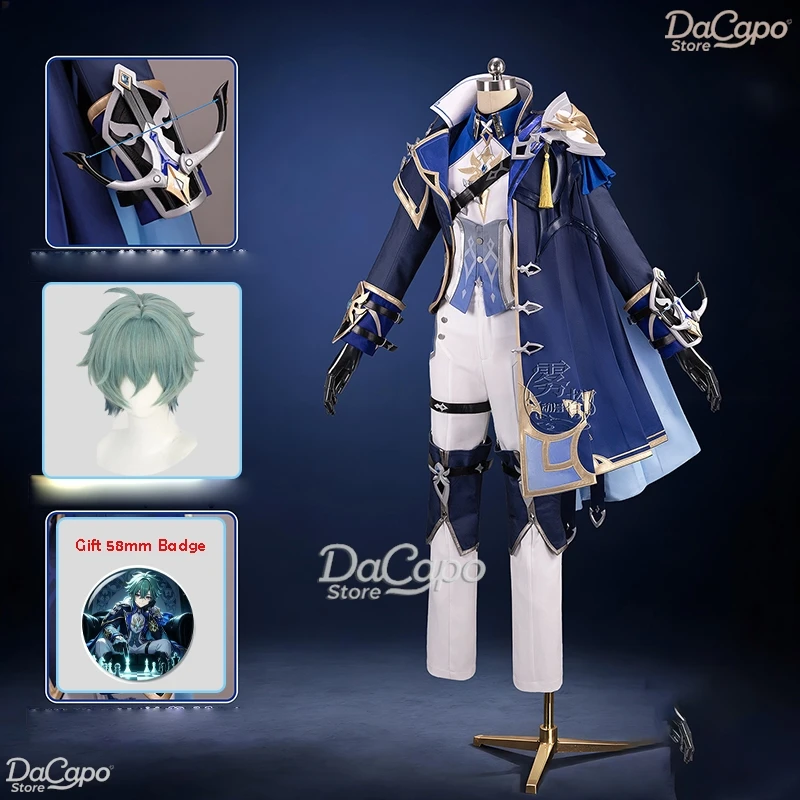 Genshin Impact Lohen Cosplay-Kostüm, Perücke, Requisiten, Spiel, Halloween, Unisex-Kleidung, Hosen, Ohrringe, komplettes Set Uniformen, Geschenk