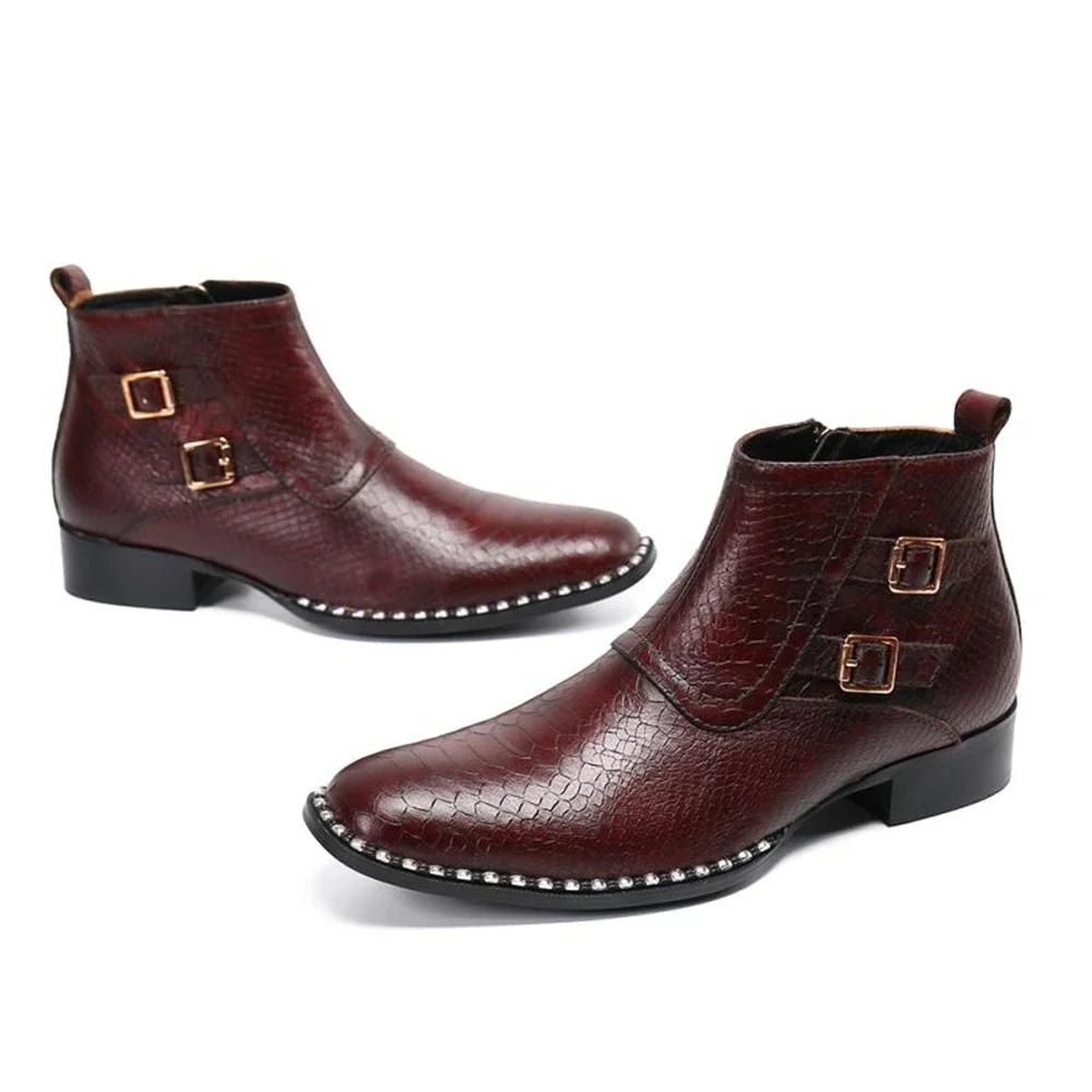 Zipper Buckles Bordered Genuine Leather High Heels Pointed Toe Boots Male Plus Size Wedding Party British Style Dress Shoes