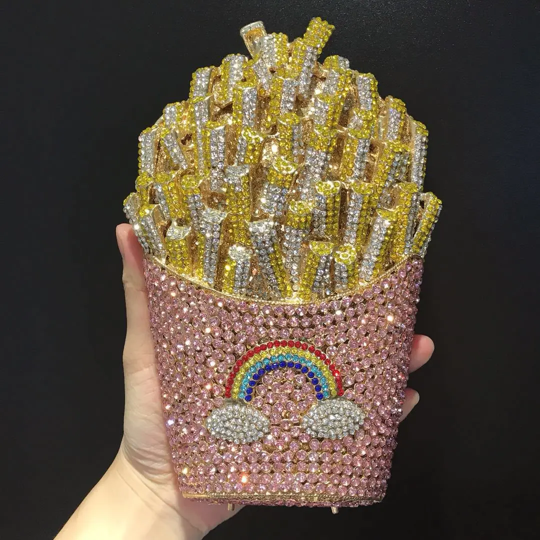 

French fries, diamond packs, crystal diamond bags, hollow metal, diamonds, dinner bags, clutch bags, put plus