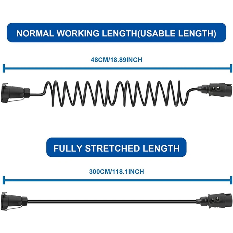 3 Meters 7Pin Trailer Extension Coiled Cable With Trailer Plug Socket Connector, 7 Core RV Electrical Cable Connector