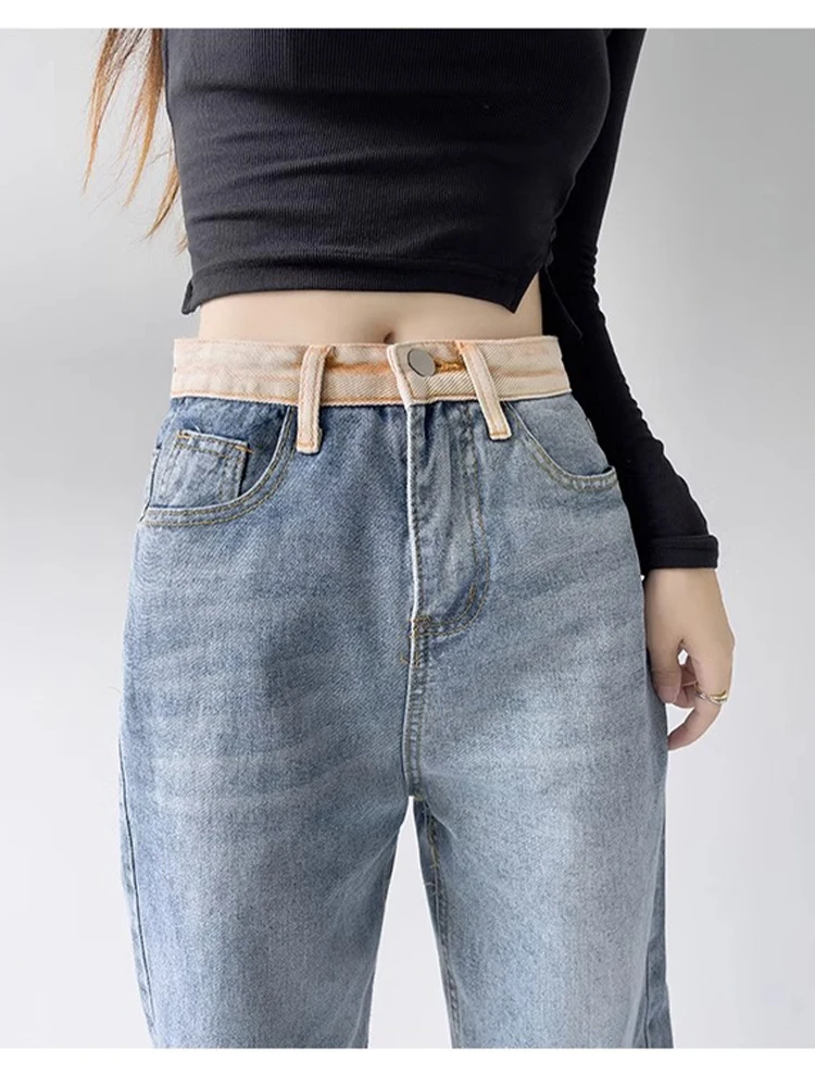 Autumn All-match Higt Waist Pockets Patchwork Button Wide Leg Pants Washed Zipper Loose Advanced Blue Women Straight Jeans Trend