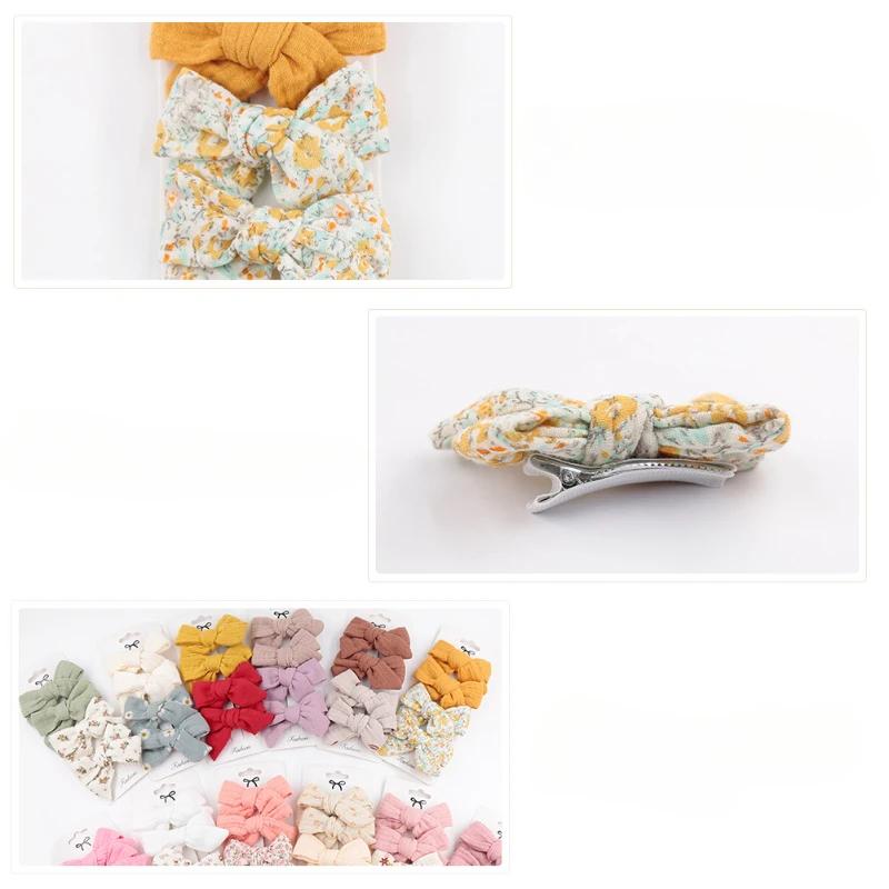 4Pcs/Set Baby Bows Hair Clips Muslin Girls Hairpins Hairclip For Kids Cotton Linen Barrette Flower Print Side Pin Accessories