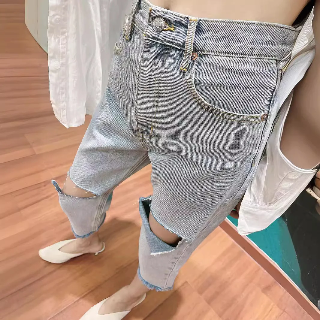 

Denim Pants For Women 2024 New Spring/Summer High Waist Ripped Frayed Hem Cropped Light Blue Straight-Leg Runway Style High