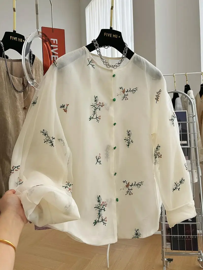 New Chinese style printed thin shirt for women's 2024 summer new sweet casual loose top  tops women