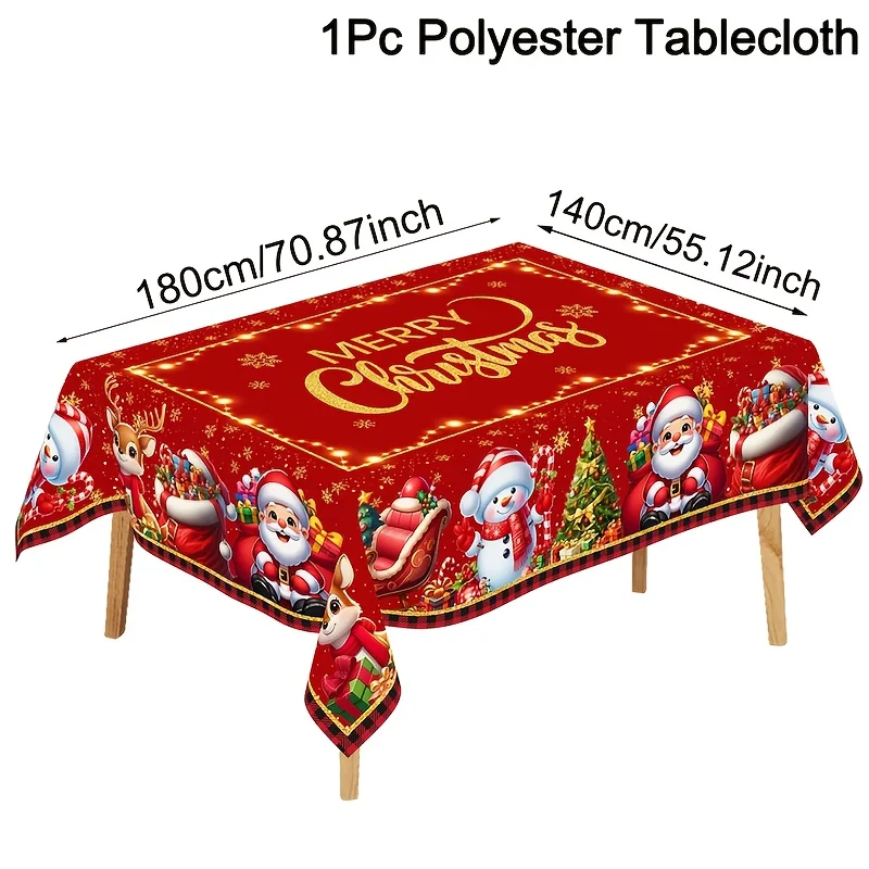 One-piece festive-themed tablecloth, featuring designs of Santa Claus, snowmen and reindeer.