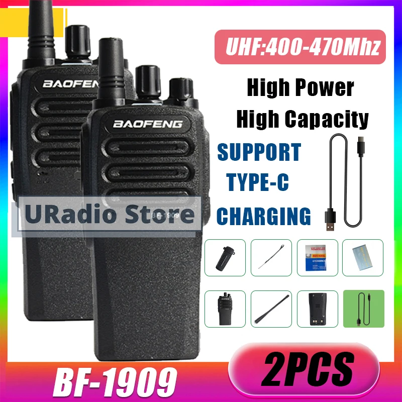 

2PCS BaoFeng BF-1909 Walkie Talkie UHF 400-470mhz High Capacity High Power Long Range Communication USB-C Charger Portable Radio