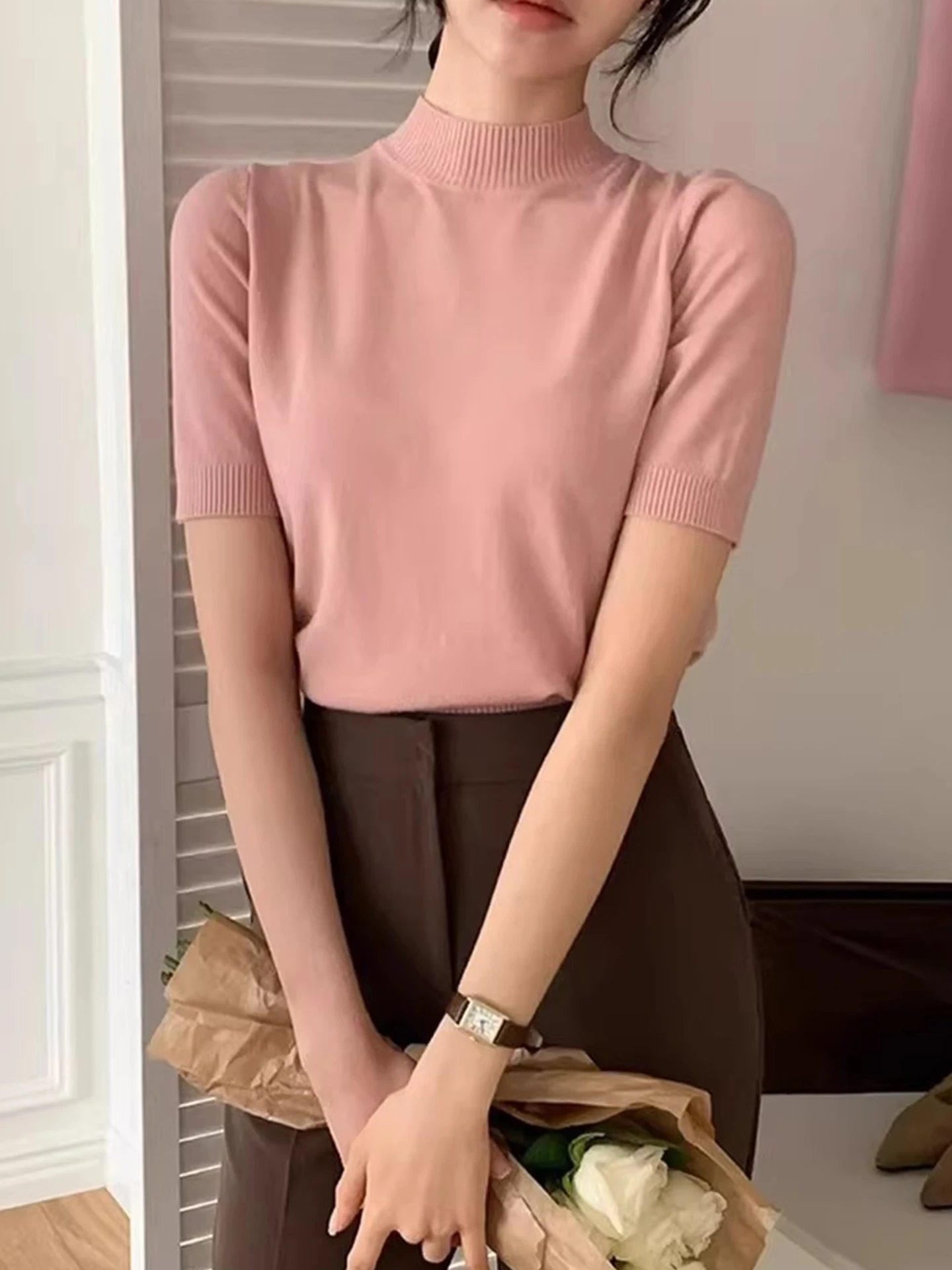 

Liangliang Home Korean Sle f High Collar ort Sve Knitted Sweater Women's Spring New Color Overhead Slimming Top