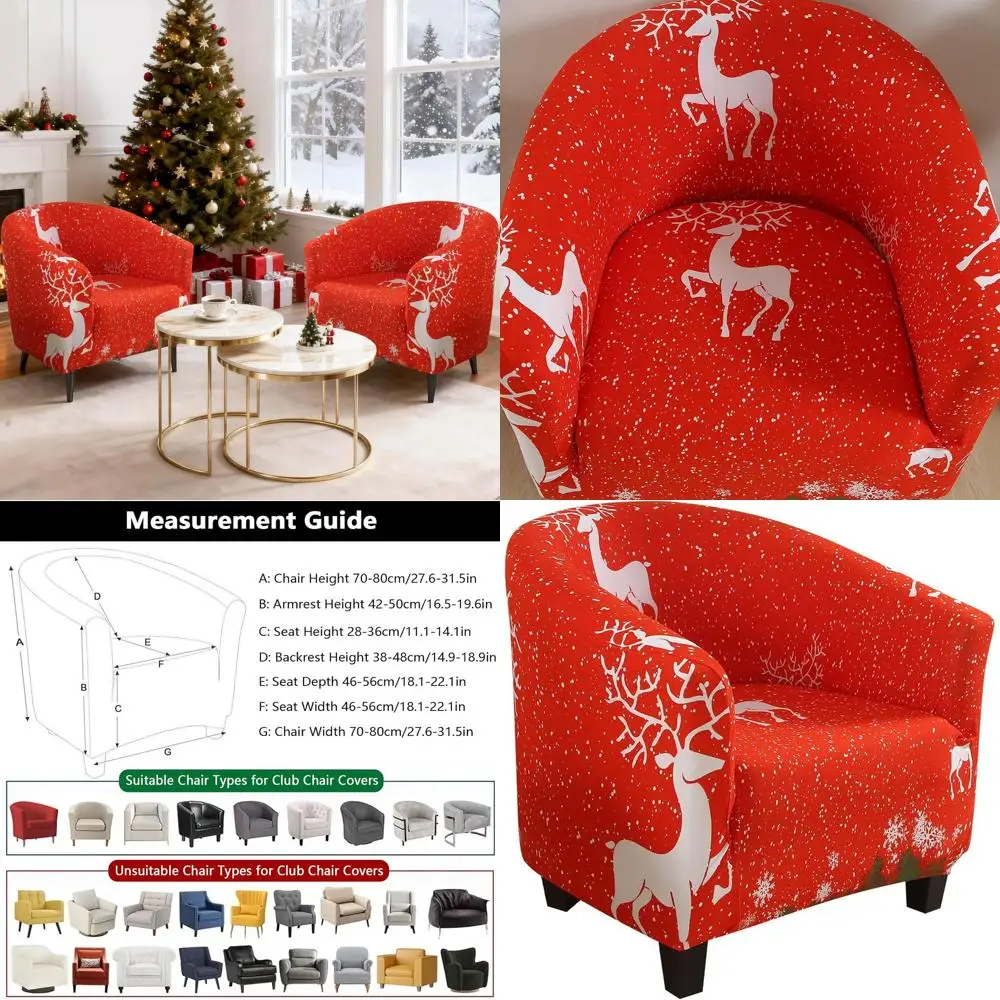 

Red Christmas Elk Print Stretch Armchair Cover for Living Room, Removable Tub Chair Slipcover Protector