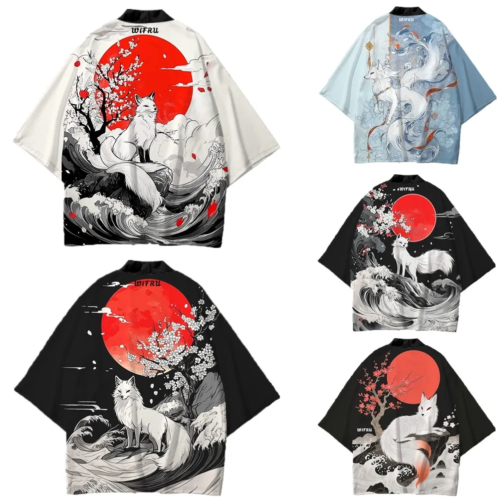 Summer Ukiyo-e Cherry Blossoms, Fox Feather Woven Kimono, 3D Digital Printed Cardigan, Casual Cloak, and Taoist Robe