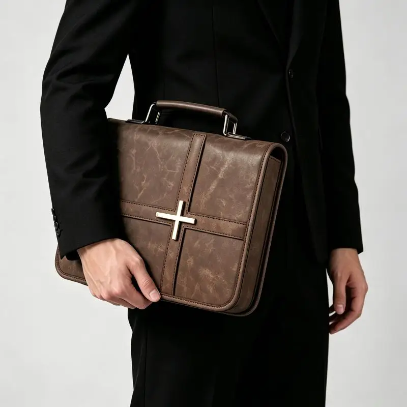 Cross-themed Vegan Leather Cover Dust-proof With Phone Pocket Carrying Case Built-in Bookmark Ribbon 1PC