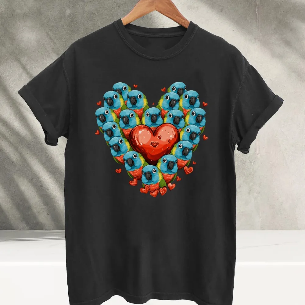 Cute Parrot Love Heart Shape Group Parrots Graphic T‑Shirt Colorful Bird Red Heart Valentine Animal Art Print Soft Cotton Tees
