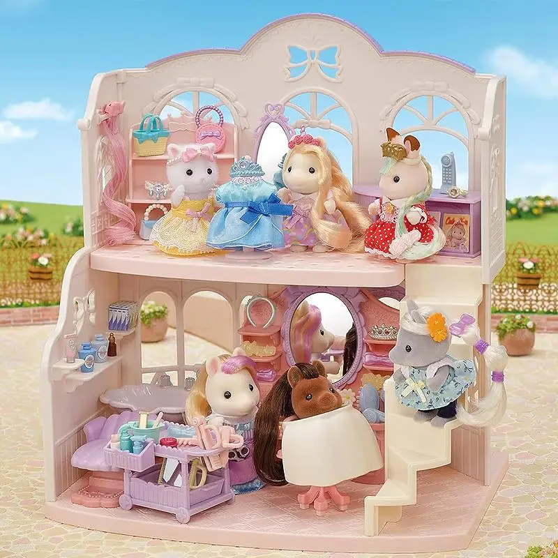 Oryginalny zestaw Sylvanian Families Pony Sisters do salonu fryzjerskiego, dekoracja na biurko, zabawka kolekcjonerska, prezent urodzinowy - dostępny od ręki.