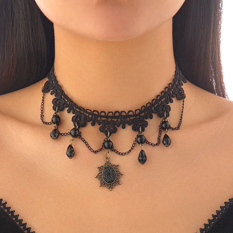 Korean Fashion Sexy Lace Flower Choker Necklace for Women Black Crystal Tassels Gothic Charm Halloween Jewelry Christmas Gifts