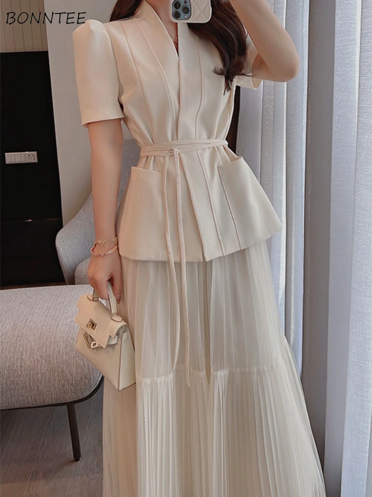 

Women Sets Short Sleeve Lace-up Blazers Mesh Long Skirts Pure Summer Stylish Elegant Commuting 2 Pieces Chic Simple Ins Retro